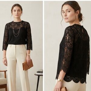 Zara Black Lace Blouse Scalloped Hem Sheer Romantic Goth Parisian Size Large